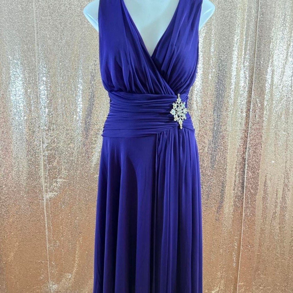 Purple Chiffon Midi Dress V-Neck Ruched Rhinestone Accent Formal Wedding/Size S